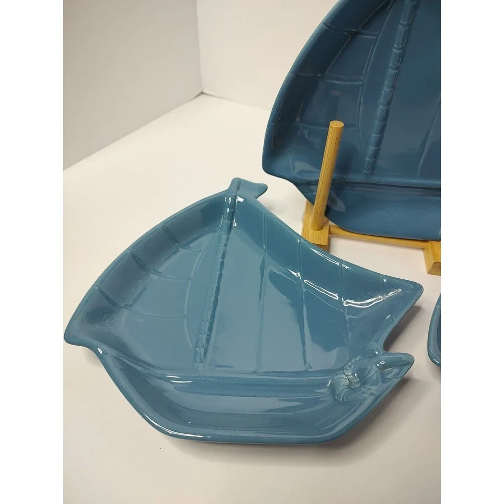 Baum Bros Style Eyes Blue Sailboat Ceramic Accent Salad Plates 8.5